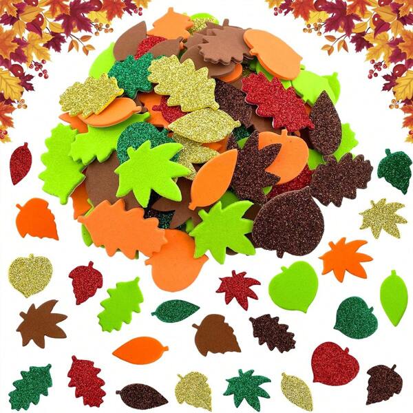 50/100/200/300/500pcs Autumn Leaf Golden Powder Craft Foam Stickers, Maple Leaf DIY Autumn Festival Party Decoration Crafts,Party And School Small Gifts, Suitable For Thanksgiving And Christmas Decorations