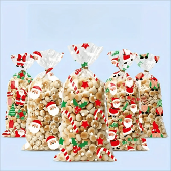 50 bucăți pungi de cadouri pentru bomboane de Crăciun cu panglici, 5 culori, pungi decorative din plastic pentru favoruri și cadouri de petrecere de vacanță, Crăciun