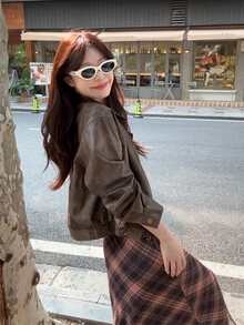 1pc Women's Solid Color Stand Collar Long Sleeve PU Leather Jacket, Retro Minimalist Style Crop Top, Autumn/Winter - Coffee Brown - View 6