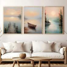3 件套湖泊、船只和海岸线油画艺术装饰、复古艺术印刷品、乡村风景家居装饰、宁静自然艺术、无框帆布海报、卧室、走廊墙壁艺术、理想礼物、房间装饰 - 3PCS - 查看 4