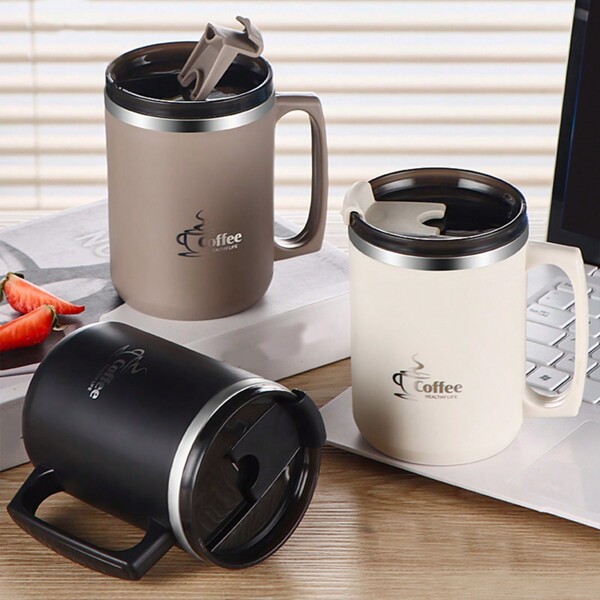 كوب قهوة من الفولاذ المقاوم للصدأ 304 سعة 450 مل مع مقبض وغطاء، كوب قهوة مزدوج الطبقة معزول حراريًا، كوب شاي وحليب وماء محكم الإغلاق، كوب شرب مقاوم للحرارة، مناسب للطلاب والبالغين في المنزل والمدرسة والسكن الجامعي والمكتب والتخييم والنزهات والسفر وبداية العام الدراسي