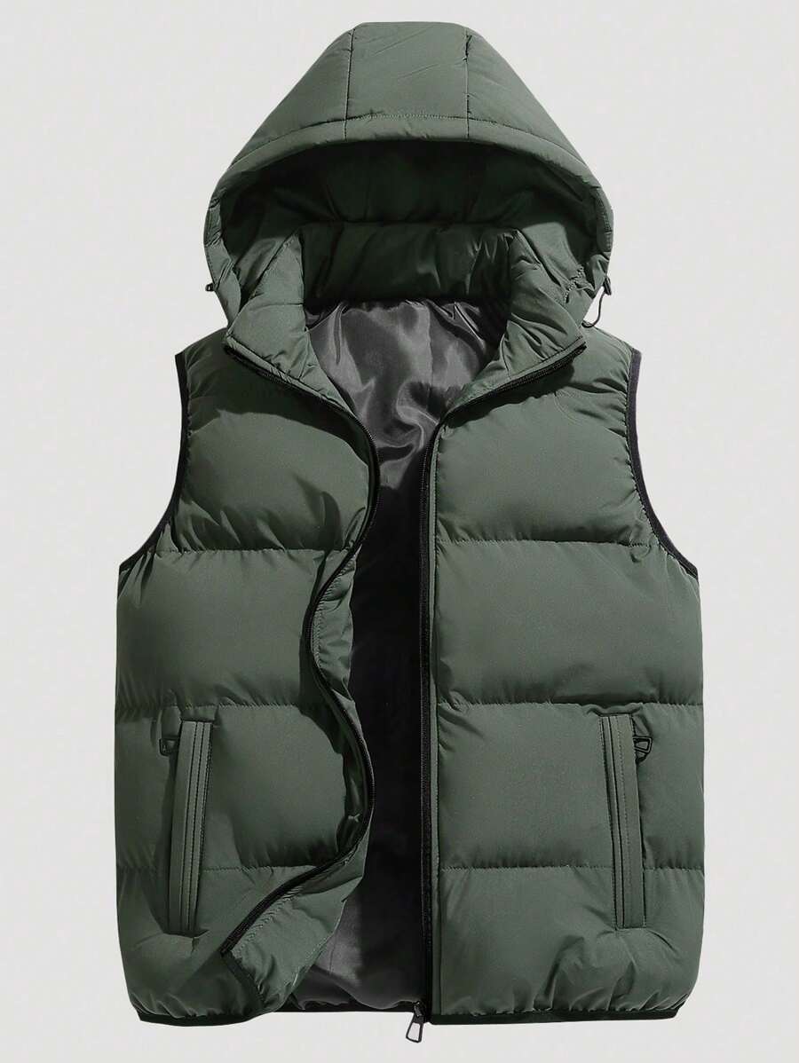 Áo khoác gilet nam màu trơn có mũ trùm đầu có thể tháo rời, mùa thu/đông - xanh quân đội - Xem 1