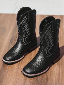 Men's Cowboy Boots, Western Boots, Square Toe High Heel Pull-On Fashion Embroidered Ankle Boots, Suitable For Spring And Autumn