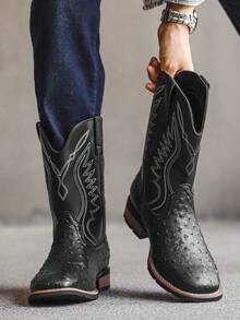 Men's Cowboy Boots, Western Boots, Square Toe High Heel Pull-On Fashion Embroidered Ankle Boots, Suitable For Spring And Autumn