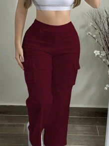 Pantalones cargo casuales, versátiles y con bolsillos para mujer de talla grande - Burdeos - Ver 1