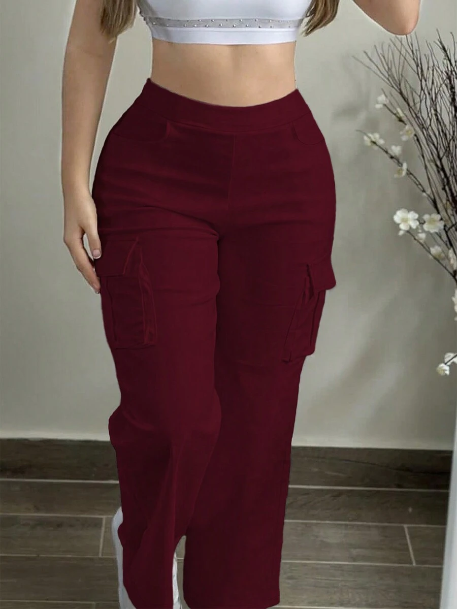 Pantalones cargo casuales, versátiles y con bolsillos para mujer de talla grande - Burdeos - Ver 1