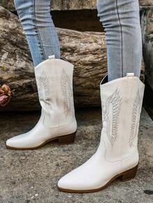 女式粗跟西部牛仔靴，时尚尖头高筒靴，时尚及膝高筒靴 - 白色 - 查看 2