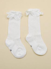 1pair Soft, Breathable, Solid White Princess Style Over-The-Knee Socks For Baby Girls