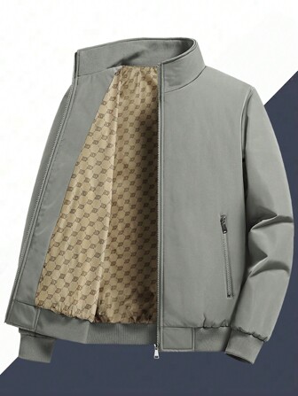 Men Plus Size Long Sleeve Casual Business Jacket, Stand Collar Windbreaker, Minimalist Design, For Fall