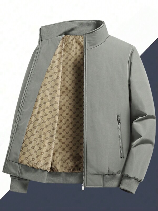 Men's Casual Business Jacket, Stand Collar Windbreaker, Minimalist Design, For Fall