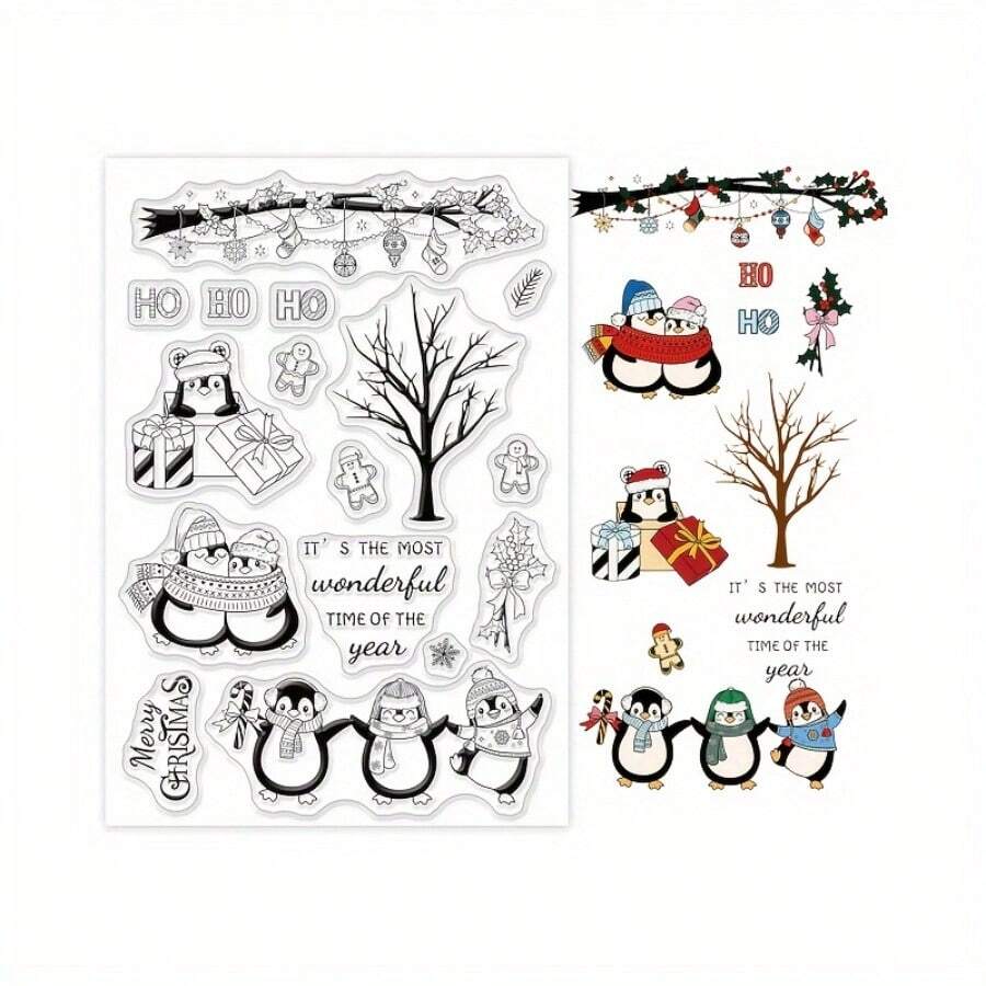 1 件圣诞企鹅硅胶透明印章，带姜饼形状，DIY 剪贴簿相册装饰纸工艺绘画工具 - 無色 - 查看 1