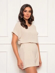 Women's Shorts And Blouse Set - Monochromatic Pleated Details And Elastic Waistband - Casual / Occasional Dune Fabric - màu be nhạt - Xem 2