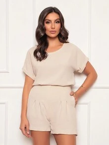 Women's Shorts And Blouse Set - Monochromatic Pleated Details And Elastic Waistband - Casual / Occasional Dune Fabric - màu be nhạt - Xem 1