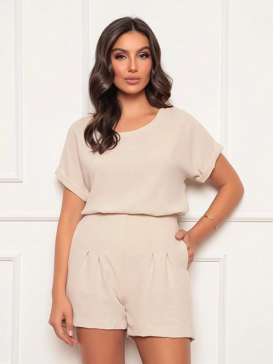 Women's Shorts And Blouse Set - Monochromatic Pleated Details And Elastic Waistband - Casual / Occasional Dune Fabric - màu be nhạt - Xem 1