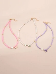 3pcs/Set Girls Colorful Beaded Hearts And Butterfly Necklace Combo - Multicolor - View 5