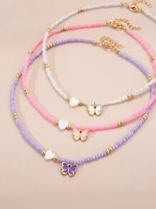 3pcs/Set Girls Colorful Beaded Hearts And Butterfly Necklace Combo - Multicolor - View 3