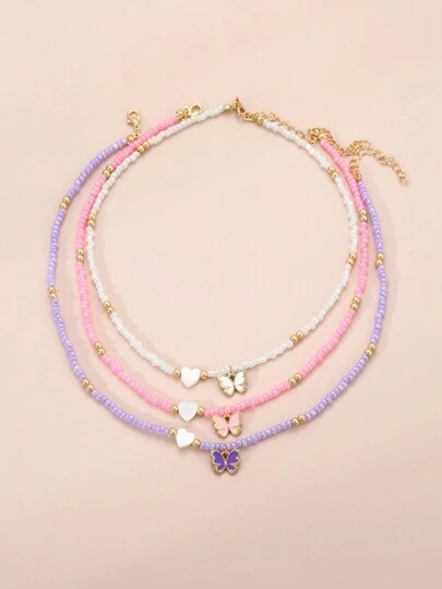 3pcs/Set Girls Colorful Beaded Hearts And Butterfly Necklace Combo