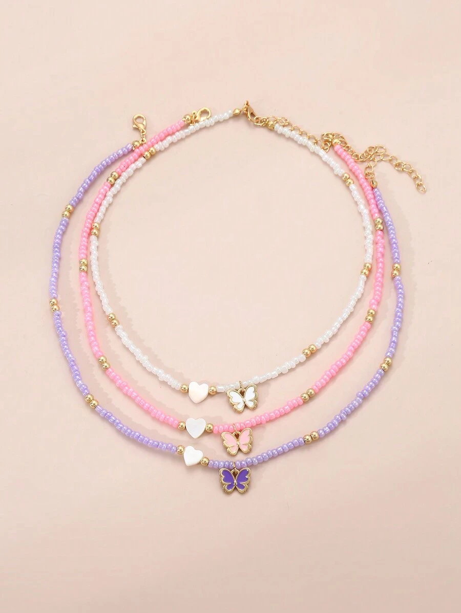 3pcs/Set Girls Colorful Beaded Hearts And Butterfly Necklace Combo - Multicolor - View 1