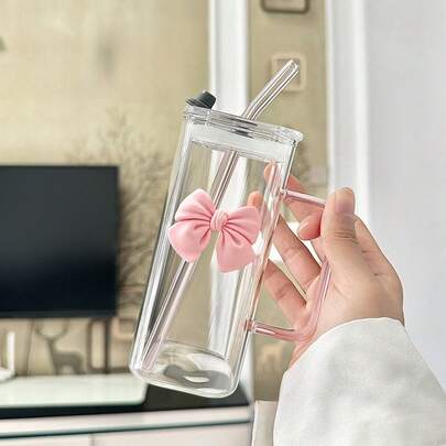1pc大容量女生学生杯带盖带吸管蝴蝶结装饰咖啡杯透明玻璃杯早餐杯奶昔杯果汁杯牛奶杯饮水杯拿铁杯意式浓缩咖啡杯卡布奇诺杯拿铁麦片酸奶饮料杯粉色夏日水瓶万圣节礼物咖啡杯