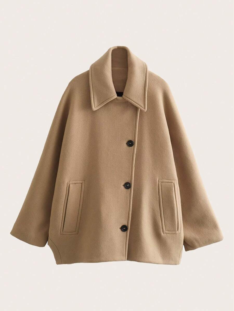 女士纯色长袖单排扣休闲宽松大码外套，秋冬 - 卡其色 - 查看 1