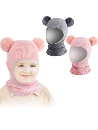 1 buc set pălărie și mănuși pentru copii, toamnă/iarnă, pălărie la modă tricotată caldă pentru copii mici cu fleece pentru față și urechi, încălzitor pentru gât