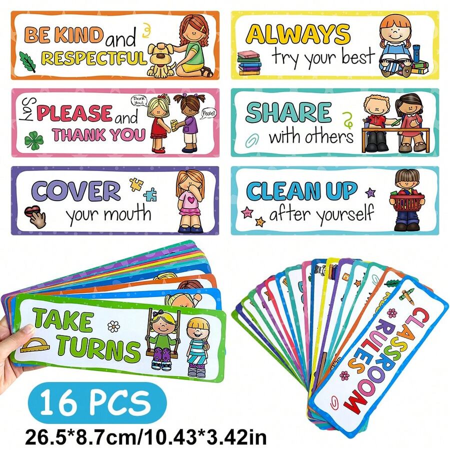 16Pcs Classroom Rules Bulletin Posters Set For Classroom Decorations