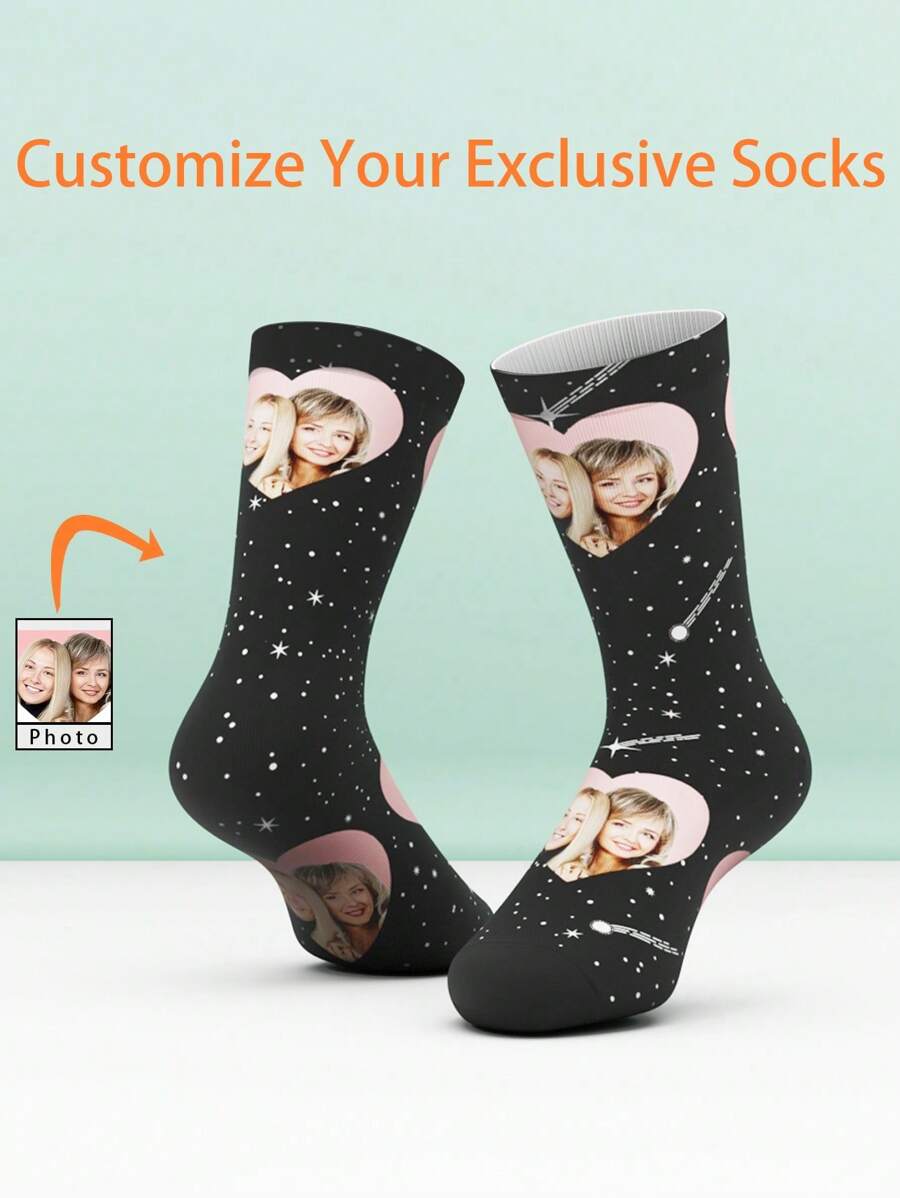 1 Pair Customized Face Funny Crew Socks - Women & Men, Personalized Socks With Handsome Guy & Beautiful Girl Photos, Interesting Customized Design Couple Mid-Calf Socks For Valentine's Day, Birthday Gifts, And Other Occasions,Colorful,Cute,Adorable,Contracted,Funny,Custom,Unique,Customized,Personalized,Ideal Gifts For Him,Ideal Gifts For Her,Boyfriend,Girlfriend,Family,Friends,Grandparents,Her - Multicolor - View 1