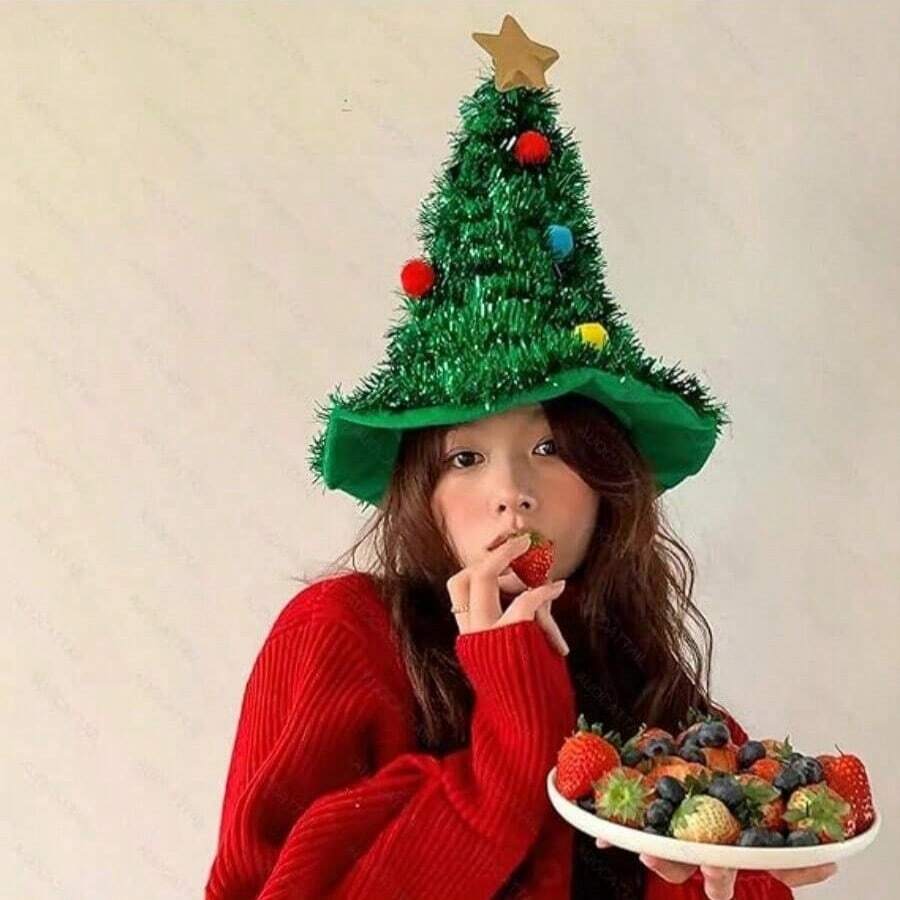 1 chiếc mũ cây thông Noel hình ngôi sao năm cánh lấp lánh bằng kim tuyến Giáng sinh, mũ trang trí tiệc mới lạ (màu ngẫu nhiên là ngôi sao năm cánh màu vàng hoặc đỏ) - Nhiều màu - Xem 1
