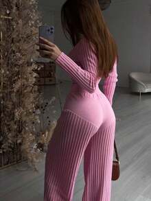 1 Set Knitted See-Through Solid Color Hollow Out Top And High Waist Long Pants Business Wear Suit