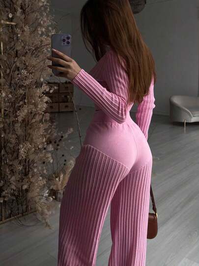 1 Set Knitted See-Through Solid Color Hollow Out Top And High Waist Long Pants Business Wear Suit
