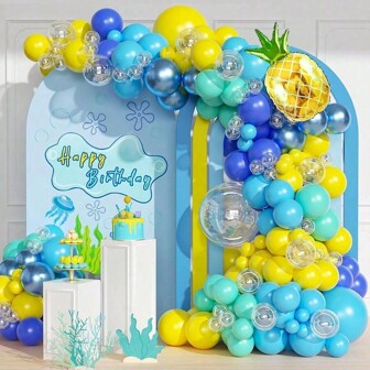 卡通海绵主题气球拱门套装，包含5/10/18英寸黄色、蓝色、透明色、金属蓝、蓝绿色、菠萝图案加厚乳胶铝箔气球，适用于生日派对、婴儿派对装饰