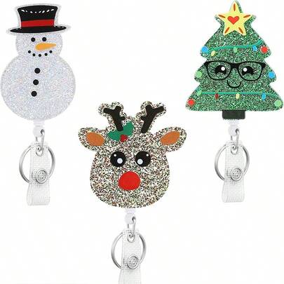1pc Christmas Themed Felt Keychain - Cute Snowman, Owl, Bell With Retractable & Spin Id Badge Holder