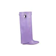 Padlock Detail Fold Over Wedge Knee High Boots - Beige - View 4