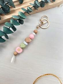 1pc Daisy Boho Style Silicone Wooden Bead Keychain Pendant Backpack Hanging Accessory, Keyring Anti-Lost, Teacher's/Mother's Day Gift School Car Accessories Cute Goth Y2k - Multicolor - View 13