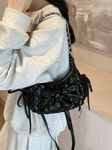 时尚女孩新款可折叠绗缝链条单肩包蝴蝶结装饰休闲百搭纯色可爱女包法棍包pu双肩带斜挎包甜美淑女大气时尚简约包流浪包 - 黑色 - 查看 7