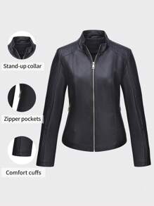 Giolshon 大码女式休闲时尚摩托车夹克，适合通勤和街头摄影，秋冬季仿皮夹克 - 黑色 - 查看 2
