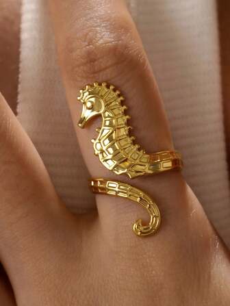 1 件/2 件 18K 镀金时尚不锈钢海马开口戒指，简约中长，波西米亚风，可调节女士/女孩戒指，天然海洋动物个性开口戒指，适合女性日常佩戴、海边度假佩戴、精美生日派对珠宝礼物