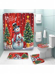 1 件/4 件圣诞雪人礼物图案浴室套装、带 12 个挂钩的防水浴帘、浴室垫、U 型马桶盖、浴室装饰秋季装饰 - 彩色 - 查看 4