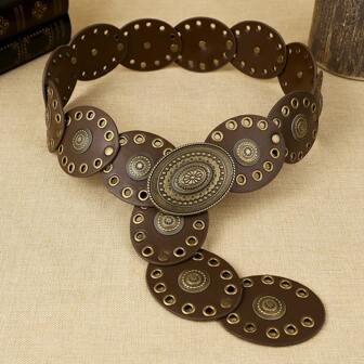 1 st midjebälte i PU med runda spännen och puffy eyes för kvinnor, moderiktig bohemisk stil, lämplig för vardagsbruk sommar, skola höst, höst, halloween