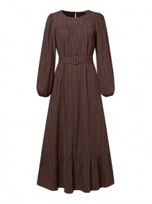 ZANZEA Women Round Neck Long Sleeve Ruffle Hem Belted Kaftan Party Casual Loose Long Dress - màu nâu - Xem 4