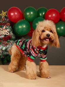 Ropa de Navidad para mascotas, suéter de forro polar con cuello redondo con estampado de árbol de Navidad, muñeco de nieve y copos de nieve - Multicolor - View 3