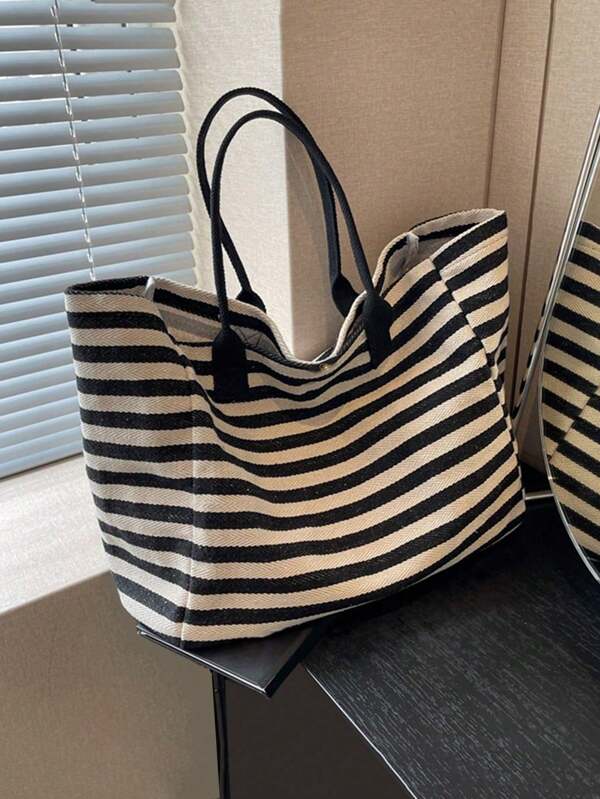 Yogodlns Simple Stripe Design Tote Bag For Girls Women Canvas Shoulder Bag Ladies Shopping Bags High Quality Handbags School Tote Bag, Portable, Foldable, Business Casual, Suitable For Teen Girls Women College Students, Teacher, Rookies & White-Collar Workers College, Vacation, Beach, Holiday, Shopping, School Handbag, School Bookbag, Back To School Bags, Large Capacity, Lightweight, Classic Casual, Perfect For Back To School, First Day Of School, Holiday, Tote Bags For School, College Essentials
