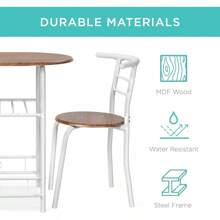 3-Piece Wooden Round Table & Chair Set For Kitchen, Dining Room, Compact Space W/Steel Frame, Built-In Wine Rack