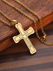 1pc 18k Gold Plated Stainless Steel Jewelry, Personalized Cross Necklace For Men,Custom Date&Name Necklace,Men's Cross Necklace For Dad,Christian Birthday Gift For Him,Gift For Dad, Includes Exquisite High-End Gift Box - Gold - View 6