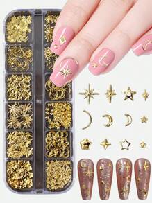 12 Fächer Gold Mond Stern Metallic Nagel Dekoration 3D Y2K Schmuck Strass Stahlkugel Nail Art Dekoration Maniküre Zubehör Diy Nail Gems Nail Zubehör Nägel