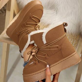 2024 Winter New Design Short Lace-Up Boots With Fur Collar, Fashion Short Boots, Snow Boots, Brown Boots, Versatile Slip-Resistant Fluffy Boots, Women Student Padded Ankle Boots, Thickened Warm Platform One-Push Short Boots