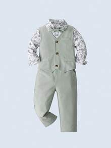 BOARNSEORL 3 件套男婴绅士服装套装：衬衫配领结、背心和裤子，时尚百搭，适合生日派对、婚礼、洗礼、1 岁生日、葬礼 - 綠色 - 查看 2