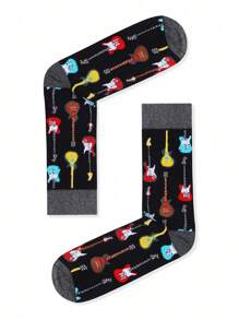 1 par de calcetines de media pantorrilla unisex con estampado de guitarra de colores mezclados, de moda para todas las estaciones - Multicolor - Ver 1