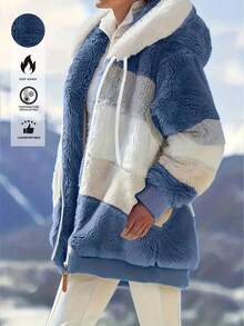 Fluffy New Colorblock Hooded Jacket For Women, Loose Fit, Autumn/Winter - Blue - View 3