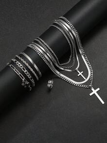 Bộ trang sức thánh giá bằng thép không gỉ 10 chiếc, phong cách Punk Hip Hop dành cho nam, thích hợp cho trang phục thường ngày, hẹn hò, đi làm, tiệc tùng - Bạc - Xem 7